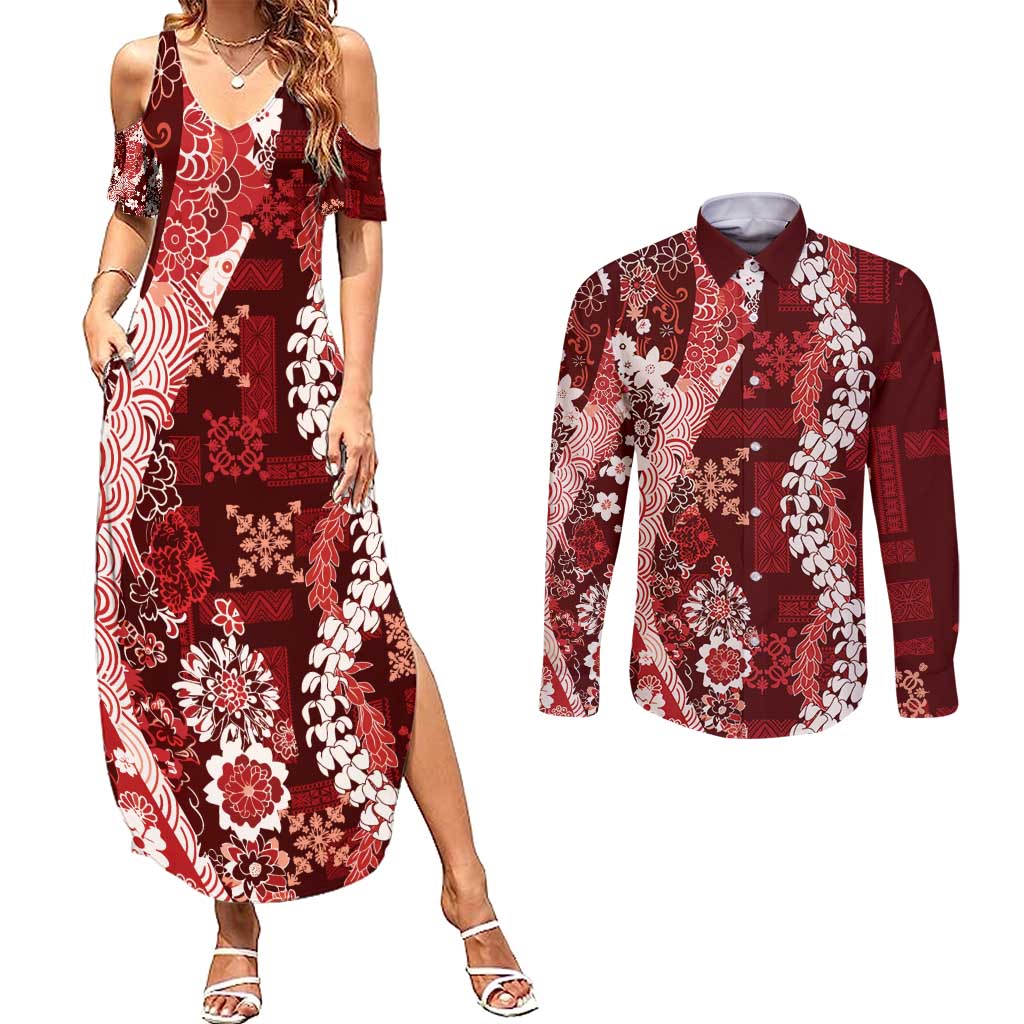 Hawaii Puakenikeni and Maile Lei Couples Matching Summer Maxi Dress and Long Sleeve Button Shirt Red Japanese Wave Style - Polynesian Pride