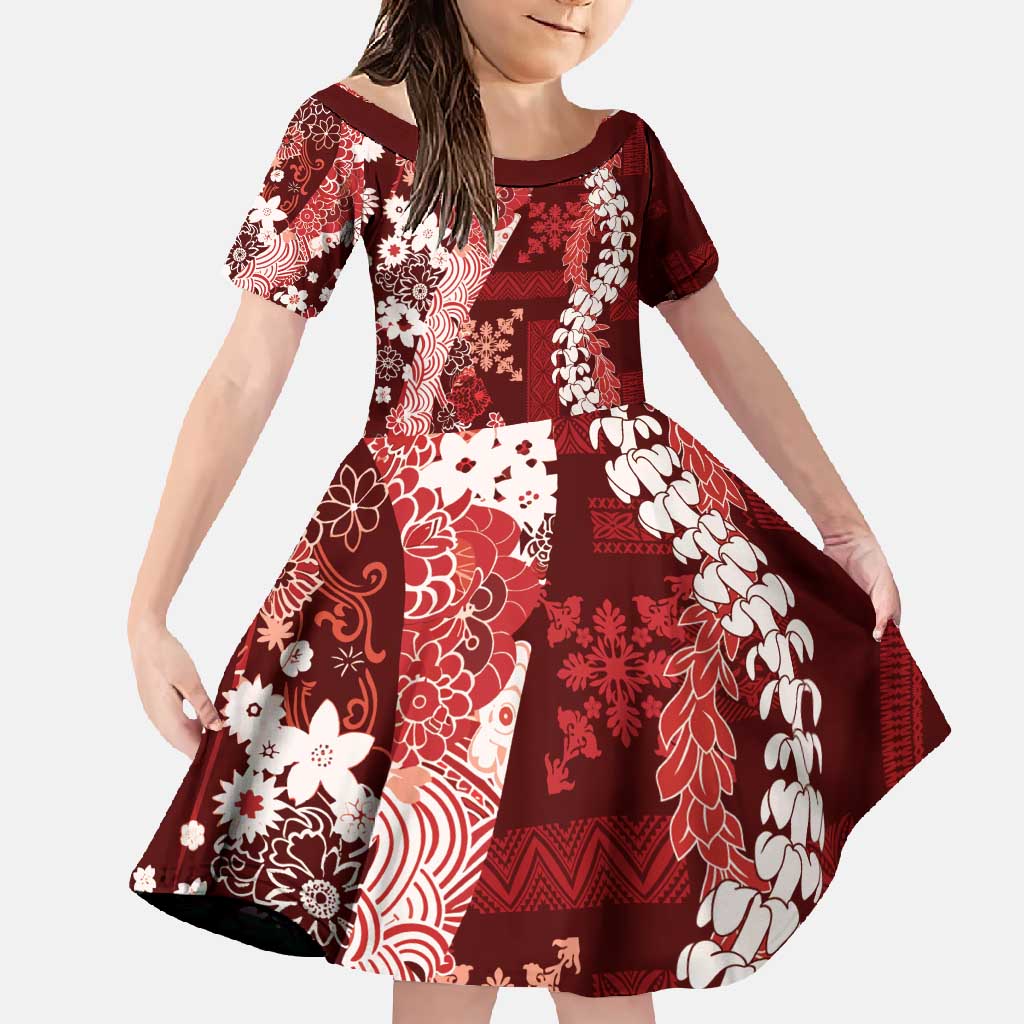 Hawaii Puakenikeni and Maile Lei Family Matching Long Sleeve Bodycon Dress and Hawaiian Shirt Red Japanese Wave Style - Polynesian Pride