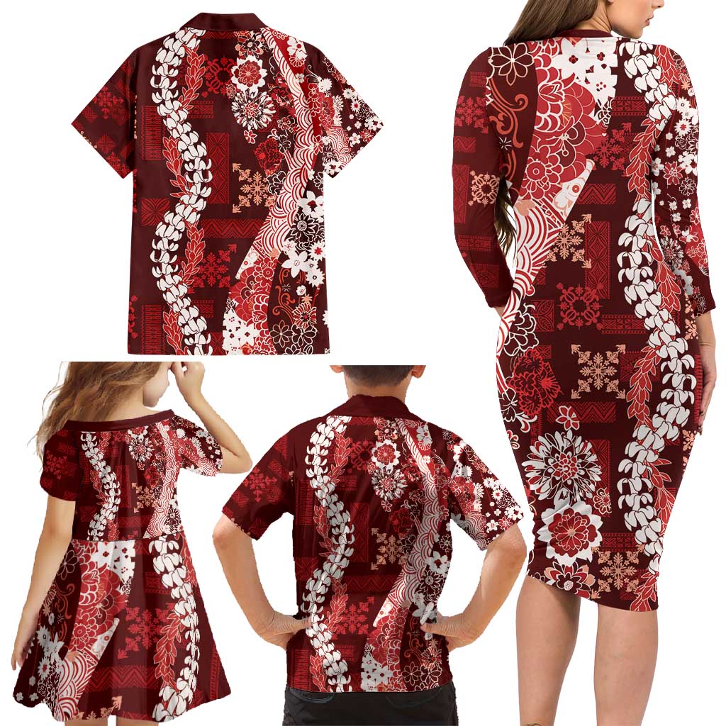 Hawaii Puakenikeni and Maile Lei Family Matching Long Sleeve Bodycon Dress and Hawaiian Shirt Red Japanese Wave Style - Polynesian Pride