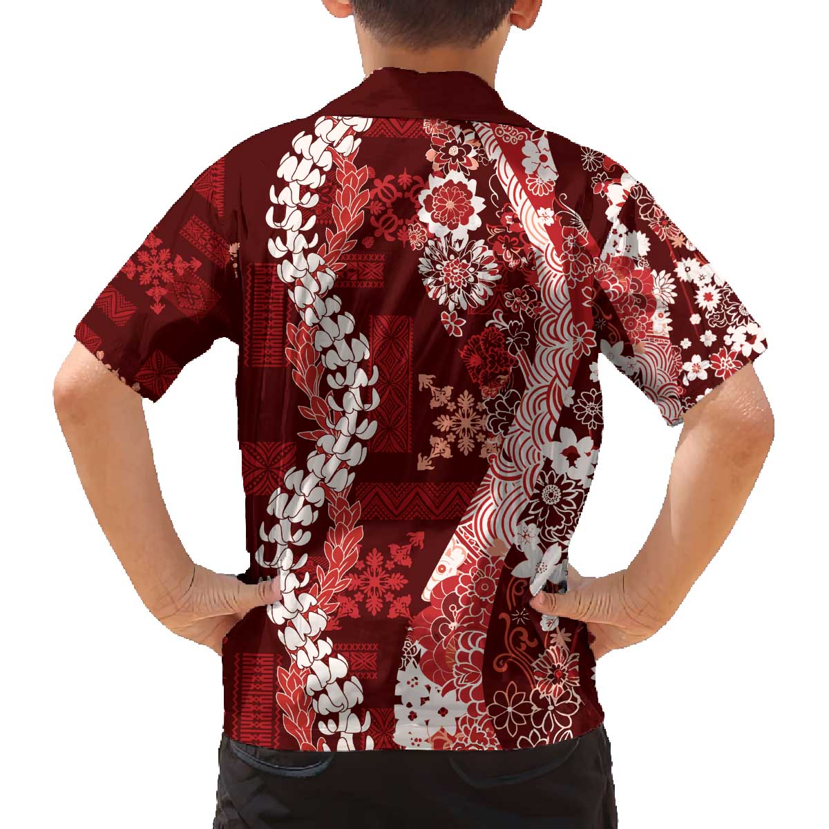 Hawaii Puakenikeni and Maile Lei Family Matching Off The Shoulder Long Sleeve Dress and Hawaiian Shirt Red Japanese Wave Style - Polynesian Pride
