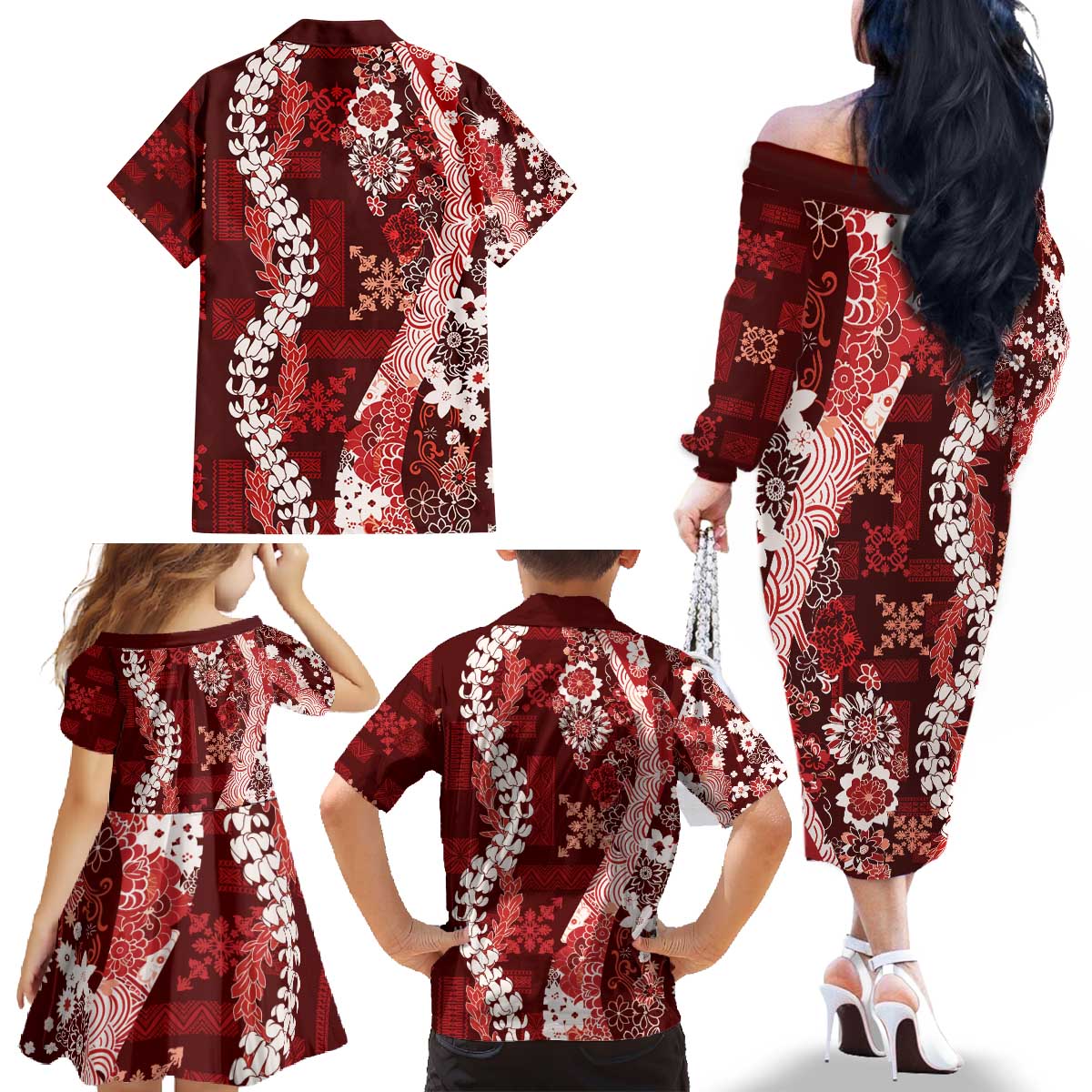 Hawaii Puakenikeni and Maile Lei Family Matching Off The Shoulder Long Sleeve Dress and Hawaiian Shirt Red Japanese Wave Style - Polynesian Pride