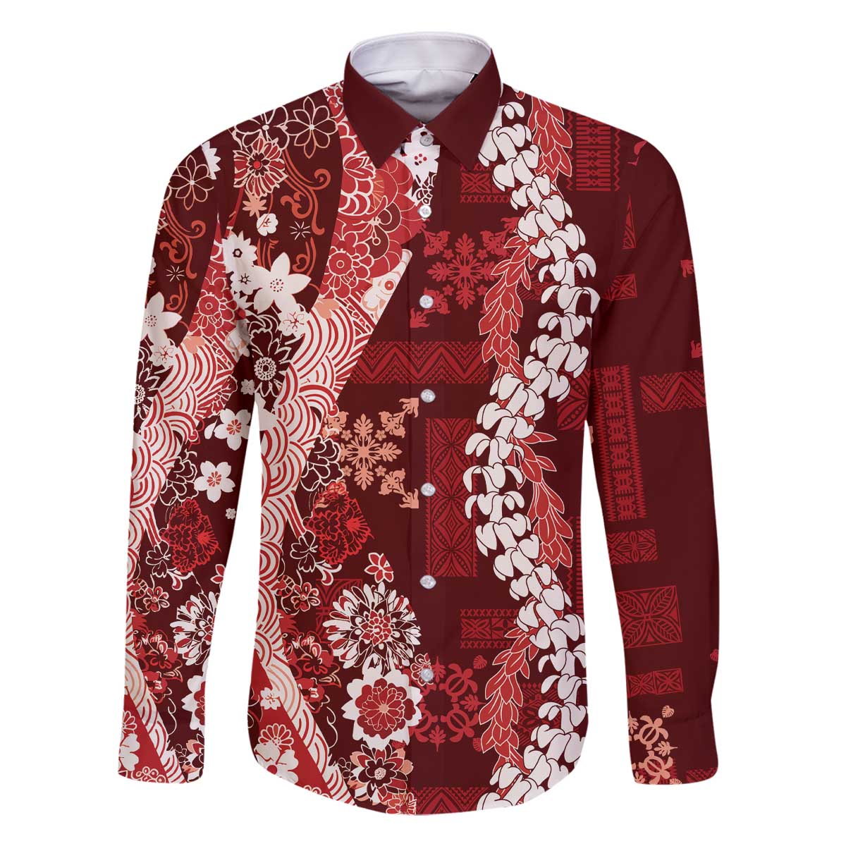 Hawaii Puakenikeni and Maile Lei Family Matching Off The Shoulder Long Sleeve Dress and Hawaiian Shirt Red Japanese Wave Style - Polynesian Pride