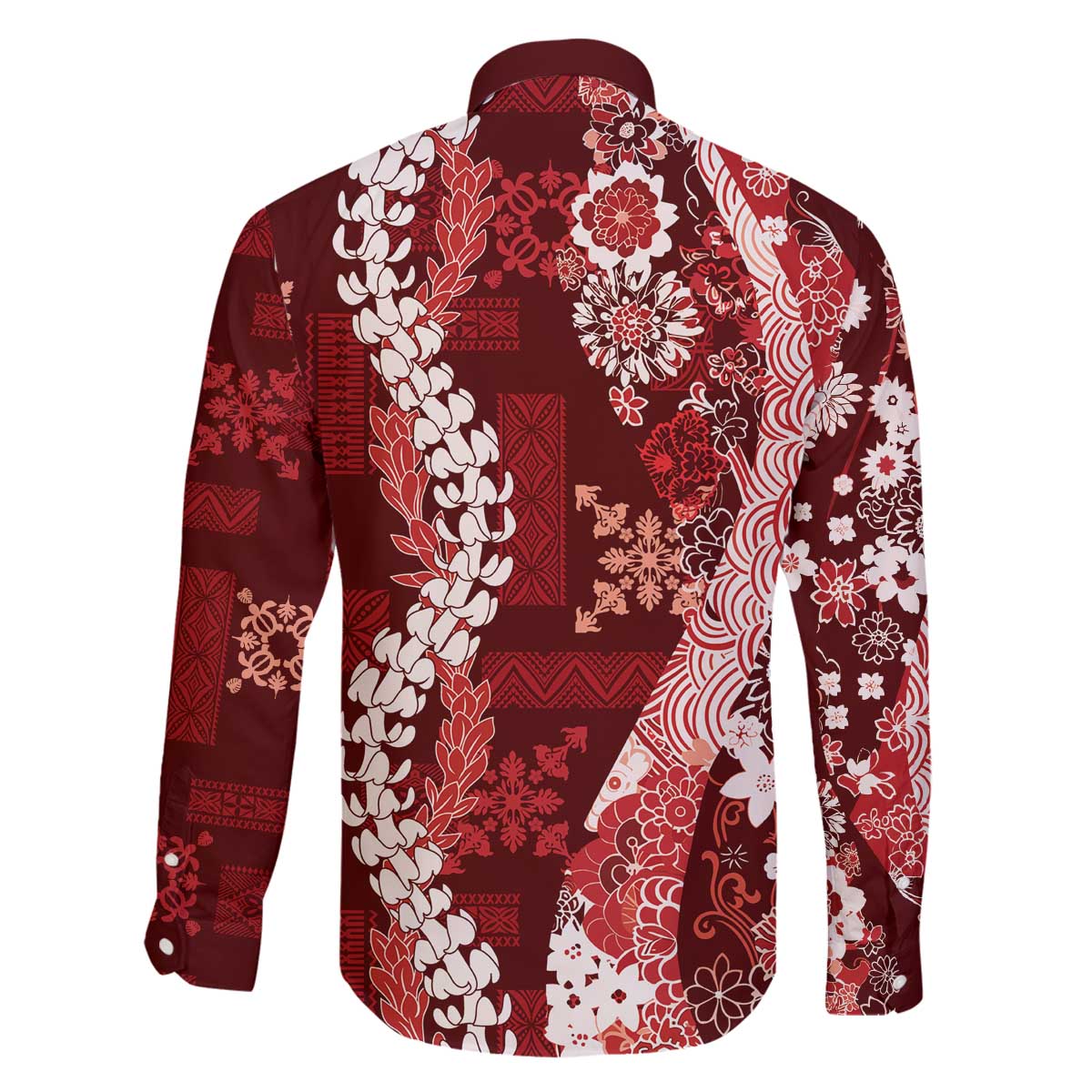Hawaii Puakenikeni and Maile Lei Family Matching Off The Shoulder Long Sleeve Dress and Hawaiian Shirt Red Japanese Wave Style - Polynesian Pride