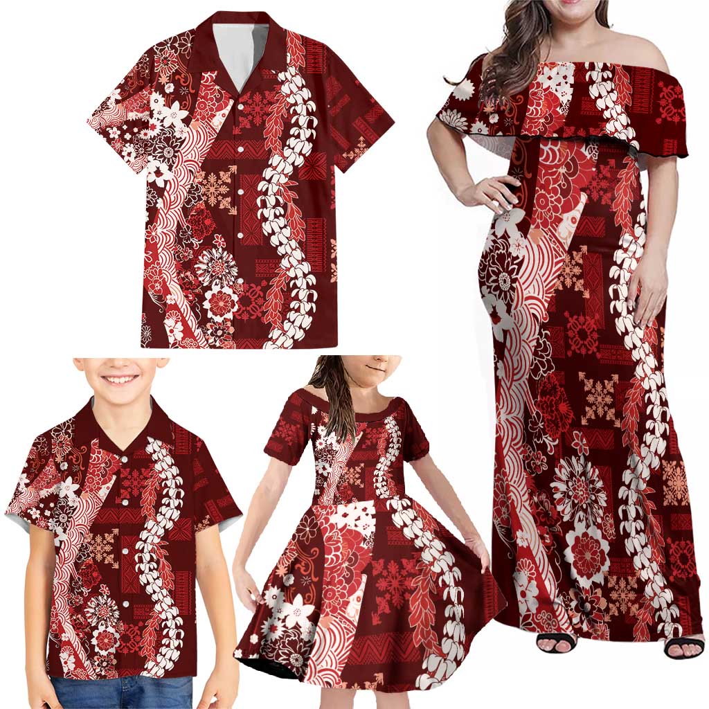 Hawaii Puakenikeni and Maile Lei Family Matching Off Shoulder Maxi Dress and Hawaiian Shirt Red Japanese Wave Style - Polynesian Pride