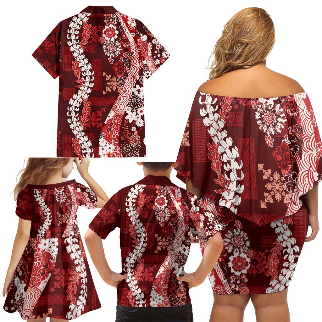 Hawaii Puakenikeni and Maile Lei Family Matching Off Shoulder Short Dress and Hawaiian Shirt Red Japanese Wave Style - Polynesian Pride