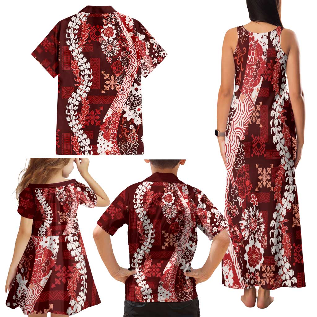 Hawaii Puakenikeni and Maile Lei Family Matching Tank Maxi Dress and Hawaiian Shirt Red Japanese Wave Style - Polynesian Pride