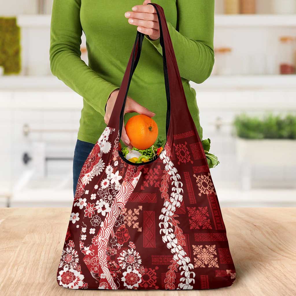 Hawaii Puakenikeni and Maile Lei Grocery Bag Red Japanese Wave Style - Polynesian Pride