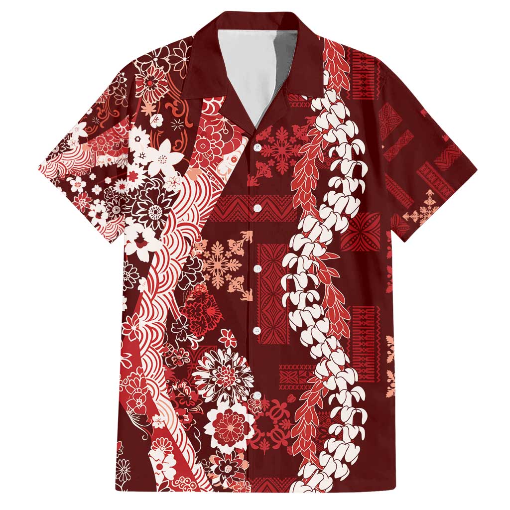 Hawaii Puakenikeni and Maile Lei Hawaiian Shirt Red Japanese Wave Style - Polynesian Pride