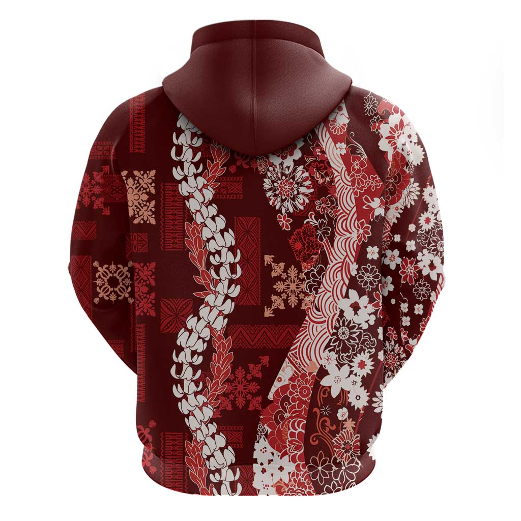 Hawaii Puakenikeni and Maile Lei Hoodie Red Japanese Wave Style - Polynesian Pride