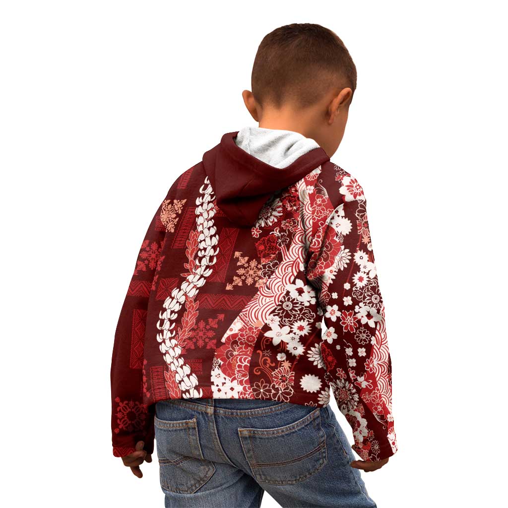 Hawaii Puakenikeni and Maile Lei Kid Hoodie Red Japanese Wave Style - Polynesian Pride
