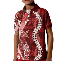 Hawaii Puakenikeni and Maile Lei Kid Polo Shirt Red Japanese Wave Style - Polynesian Pride