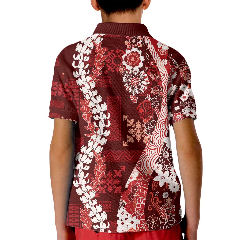 Hawaii Puakenikeni and Maile Lei Kid Polo Shirt Red Japanese Wave Style - Polynesian Pride
