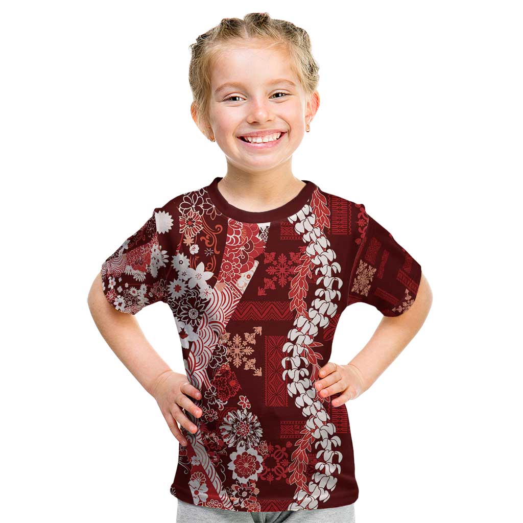 Hawaii Puakenikeni and Maile Lei Kid T Shirt Red Japanese Wave Style - Polynesian Pride