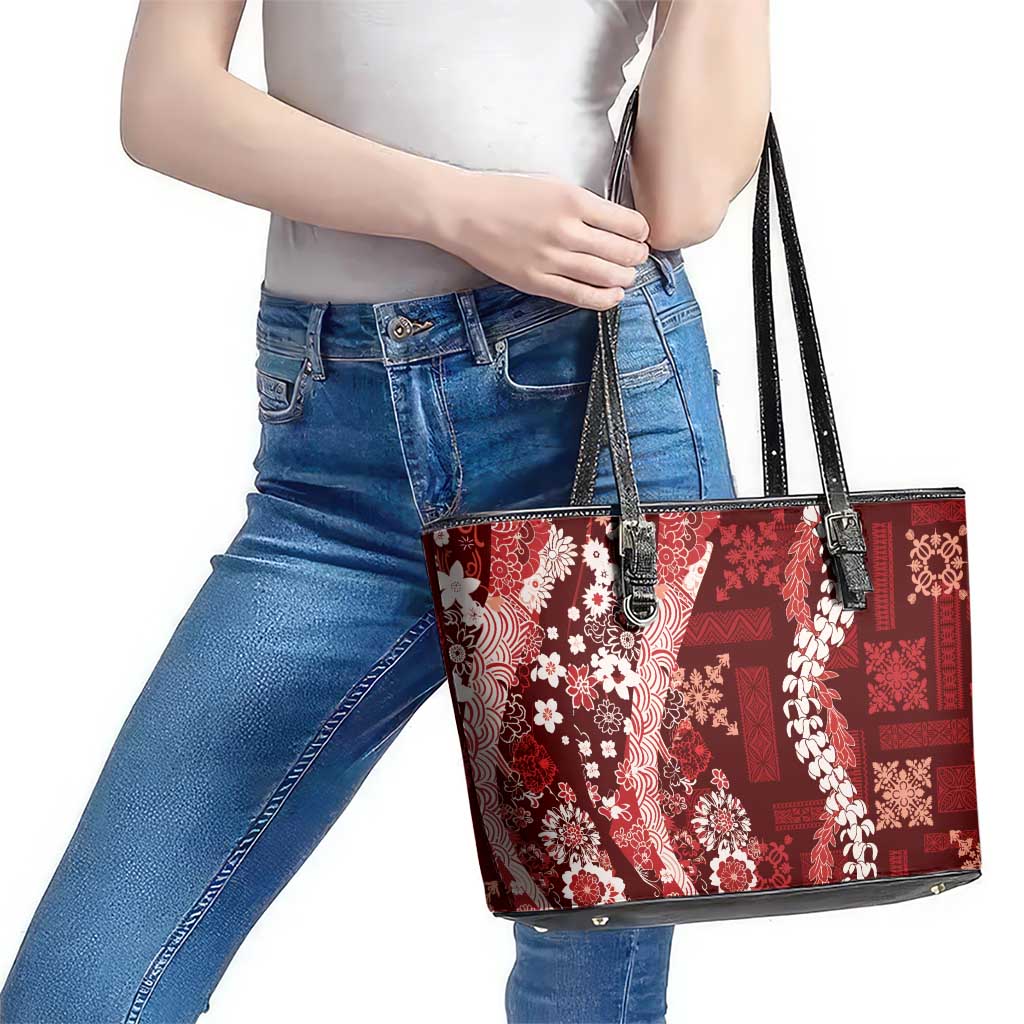 Hawaii Puakenikeni and Maile Lei Leather Tote Bag Red Japanese Wave Style - Polynesian Pride