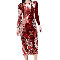 Hawaii Puakenikeni and Maile Lei Long Sleeve Bodycon Dress Red Japanese Wave Style - Polynesian Pride
