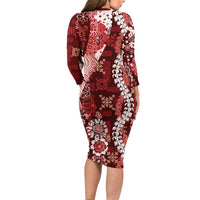 Hawaii Puakenikeni and Maile Lei Long Sleeve Bodycon Dress Red Japanese Wave Style - Polynesian Pride