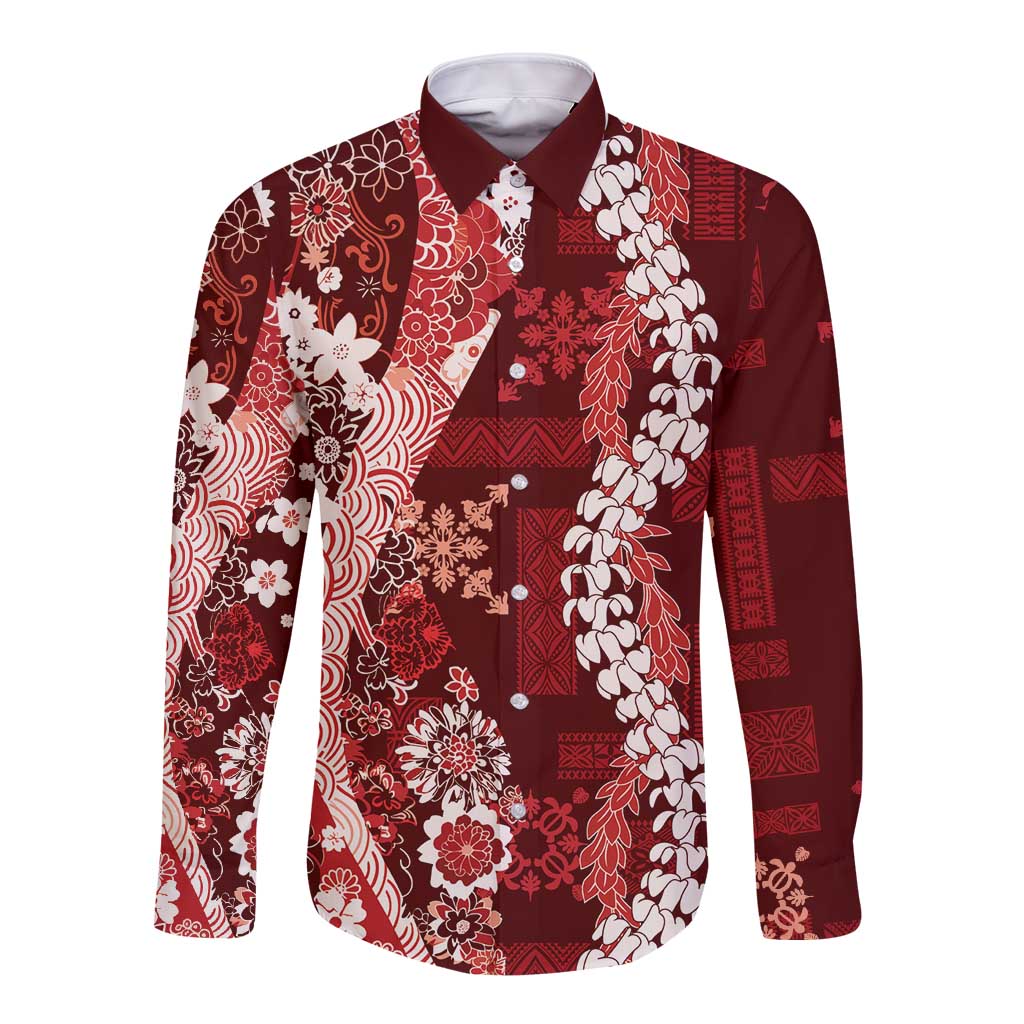 Hawaii Puakenikeni and Maile Lei Long Sleeve Button Shirt Red Japanese Wave Style - Polynesian Pride
