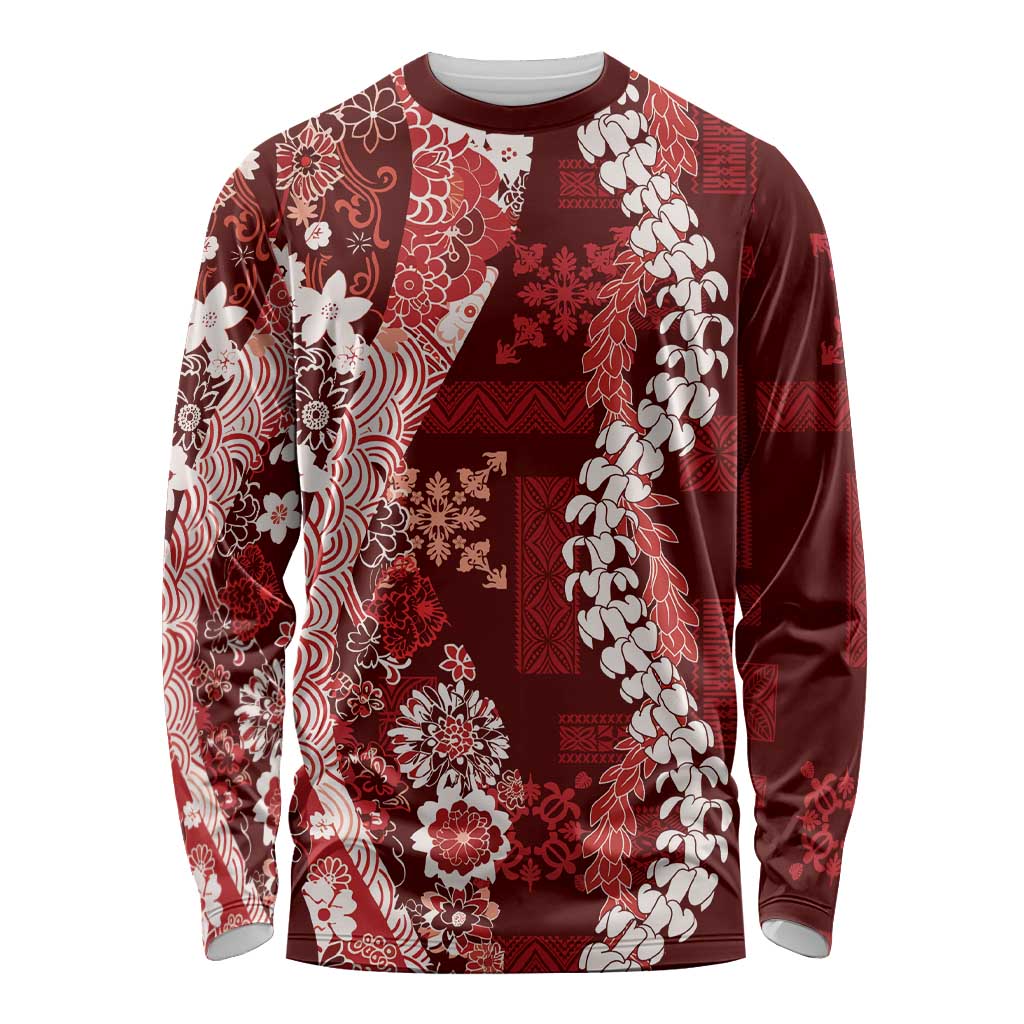Hawaii Puakenikeni and Maile Lei Long Sleeve Shirt Red Japanese Wave Style - Polynesian Pride