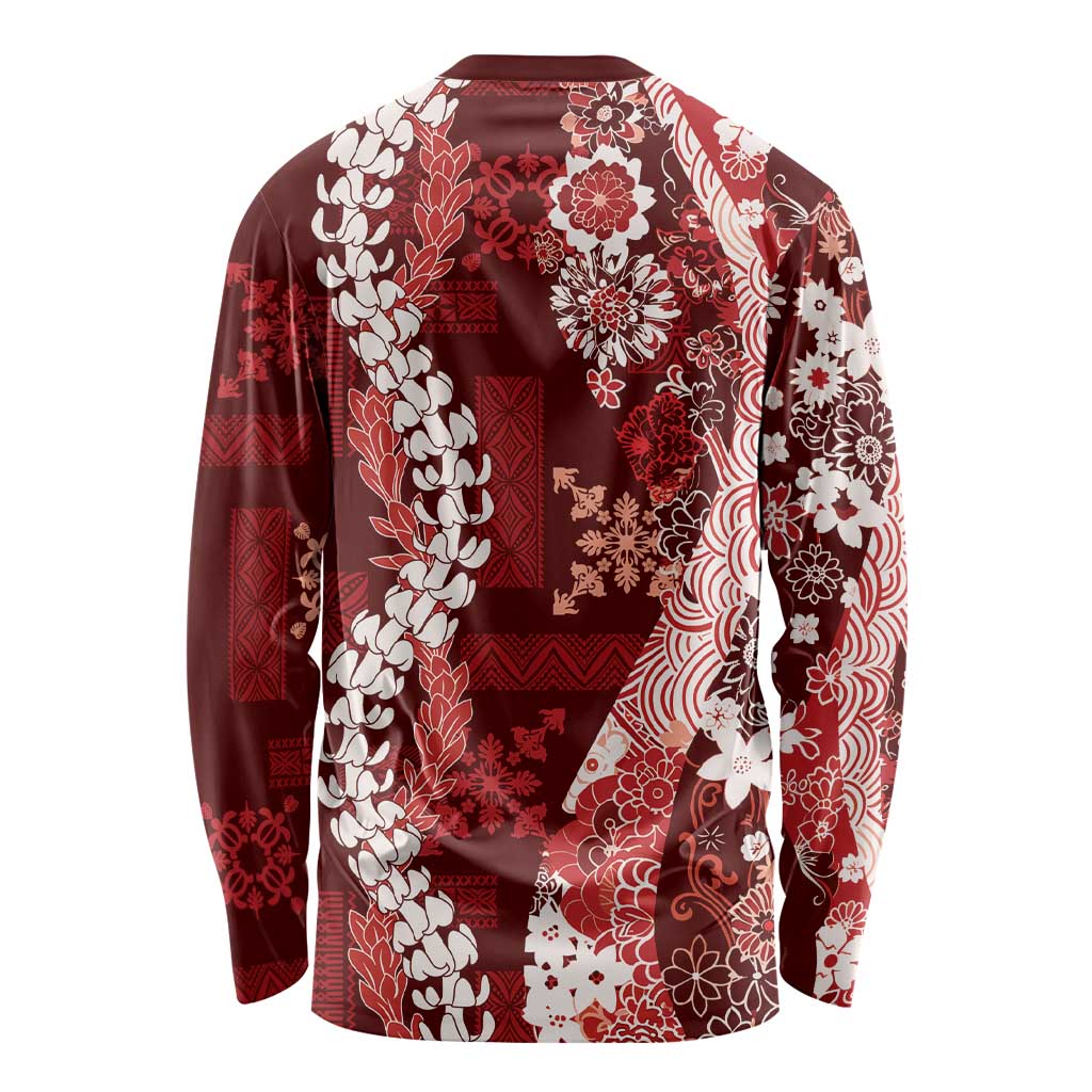 Hawaii Puakenikeni and Maile Lei Long Sleeve Shirt Red Japanese Wave Style - Polynesian Pride