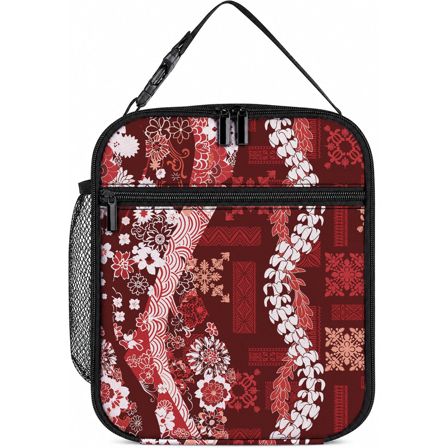 Hawaii Puakenikeni and Maile Lei Lunch Bag Red Japanese Wave Style LT9 10.2 × 8.3 × 4.3 inch Red - Polynesian Pride