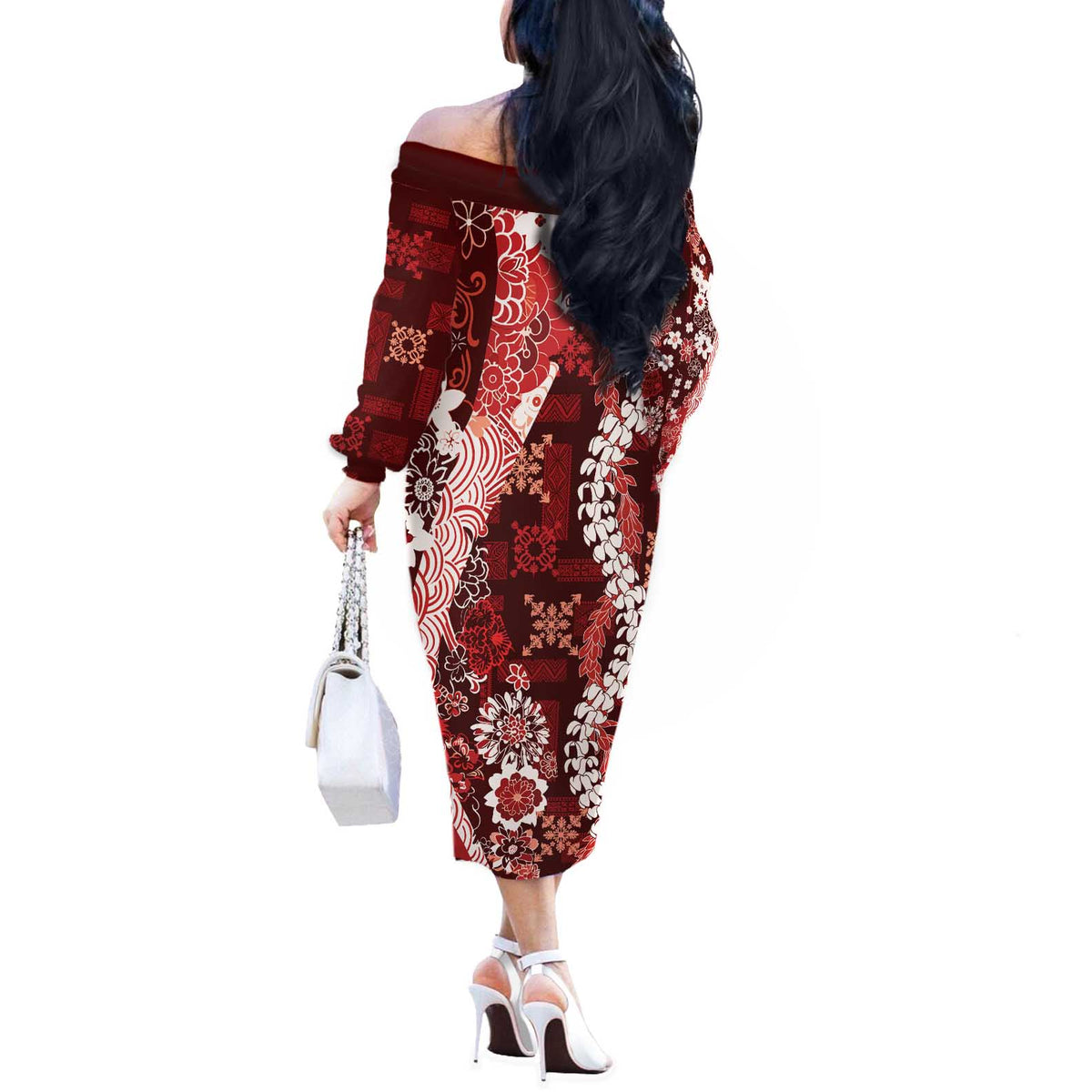 Hawaii Puakenikeni and Maile Lei Off The Shoulder Long Sleeve Dress Red Japanese Wave Style - Polynesian Pride