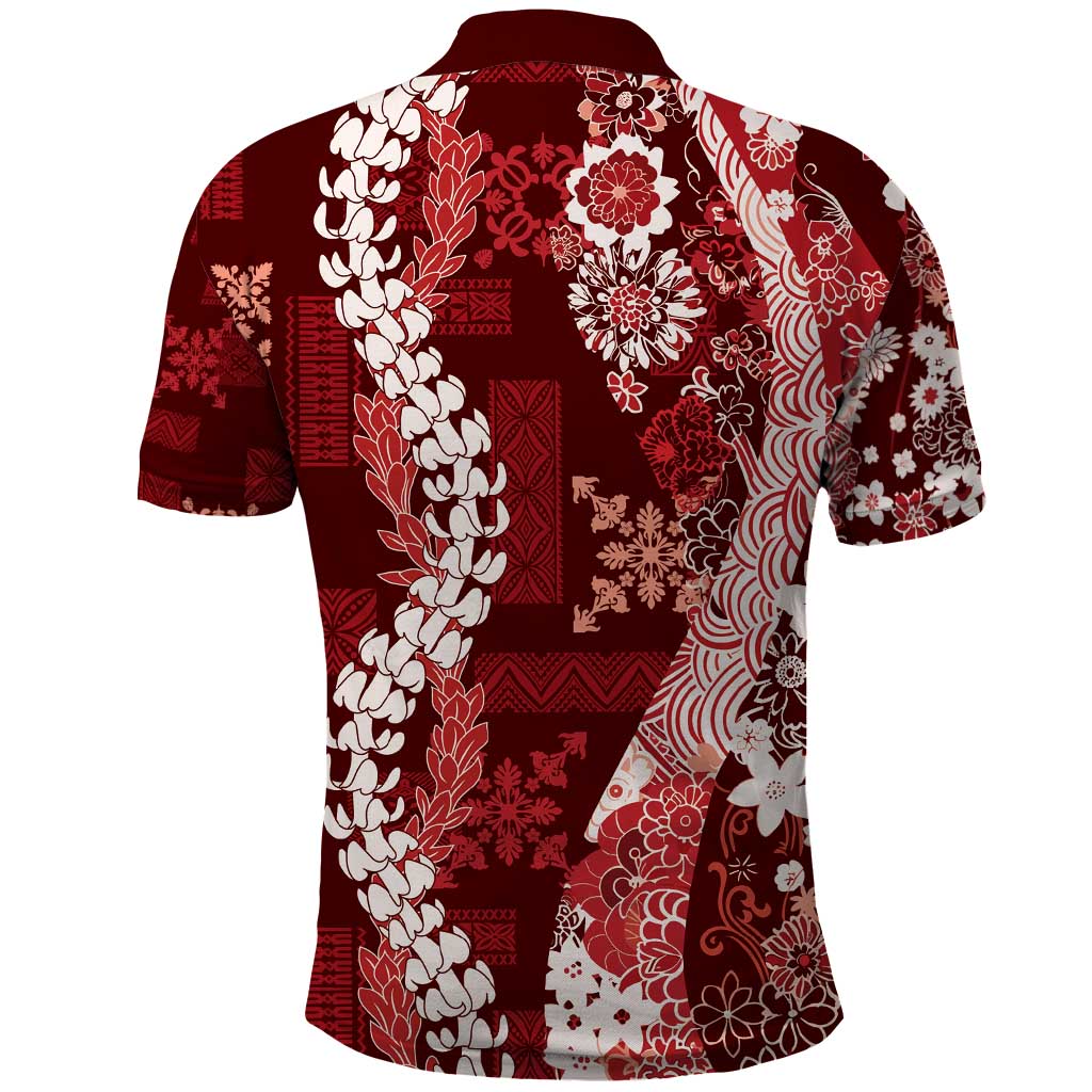 Hawaii Puakenikeni and Maile Lei Polo Shirt Red Japanese Wave Style - Polynesian Pride