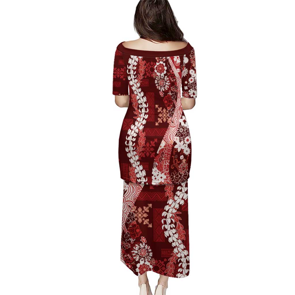 Hawaii Puakenikeni and Maile Lei Puletasi Red Japanese Wave Style - Polynesian Pride