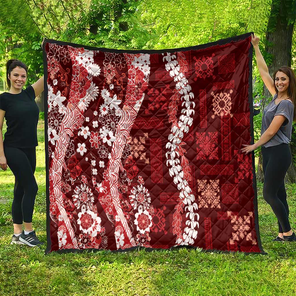 Hawaii Puakenikeni and Maile Lei Quilt Red Japanese Wave Style - Polynesian Pride