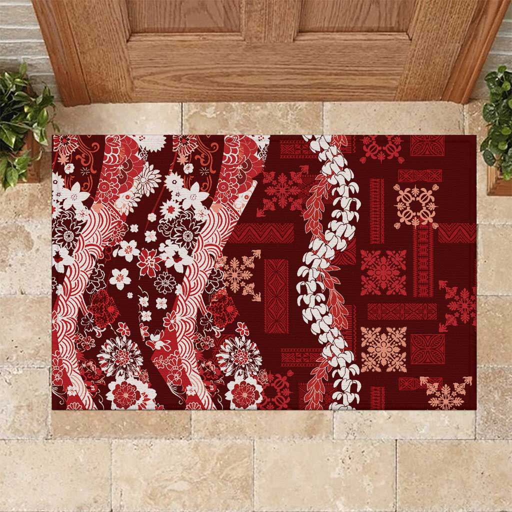 Hawaii Puakenikeni and Maile Lei Rubber Doormat Red Japanese Wave Style - Polynesian Pride