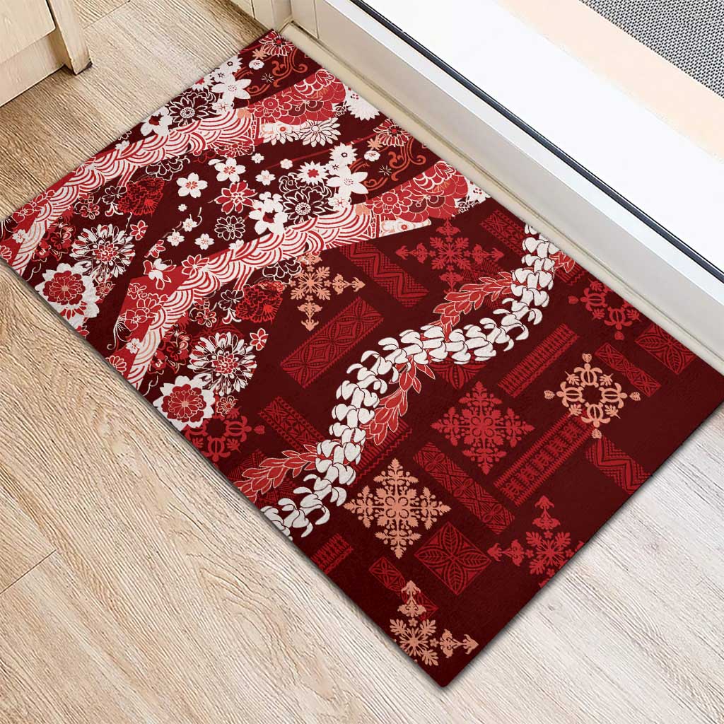 Hawaii Puakenikeni and Maile Lei Rubber Doormat Red Japanese Wave Style - Polynesian Pride