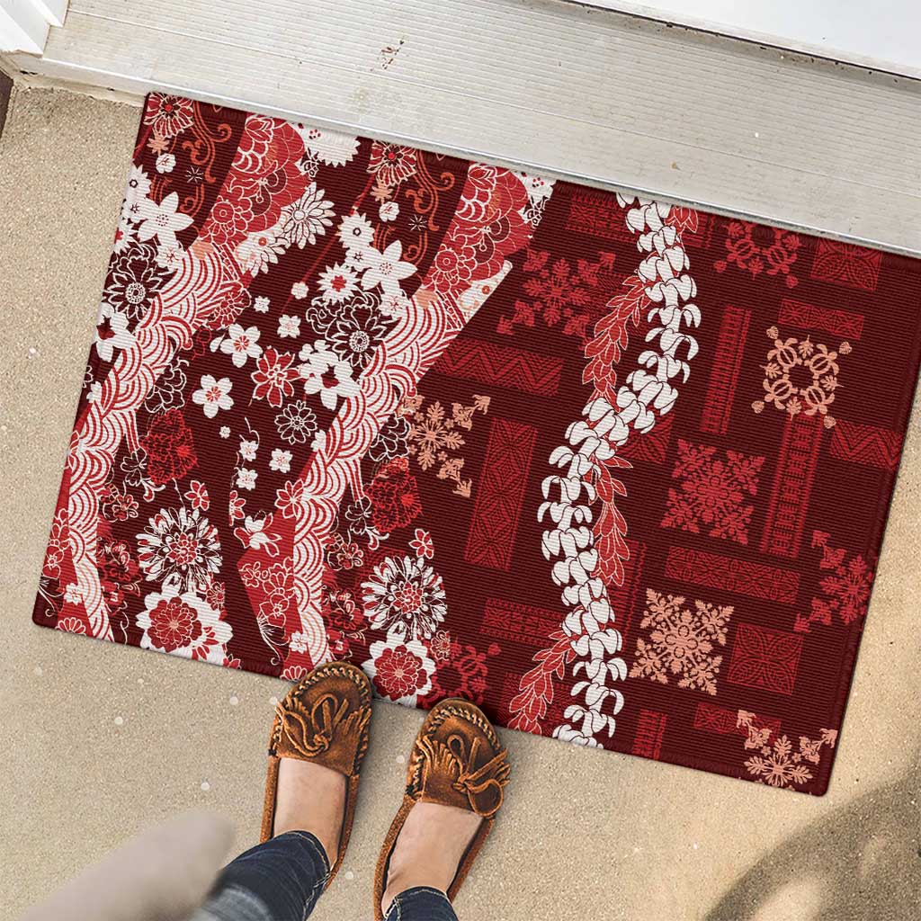 Hawaii Puakenikeni and Maile Lei Rubber Doormat Red Japanese Wave Style - Polynesian Pride