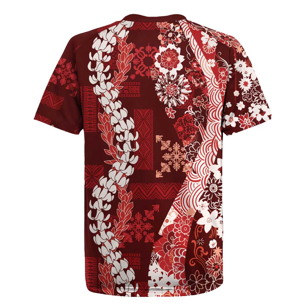 Hawaii Puakenikeni and Maile Lei Rugby Jersey Red Japanese Wave Style - Polynesian Pride