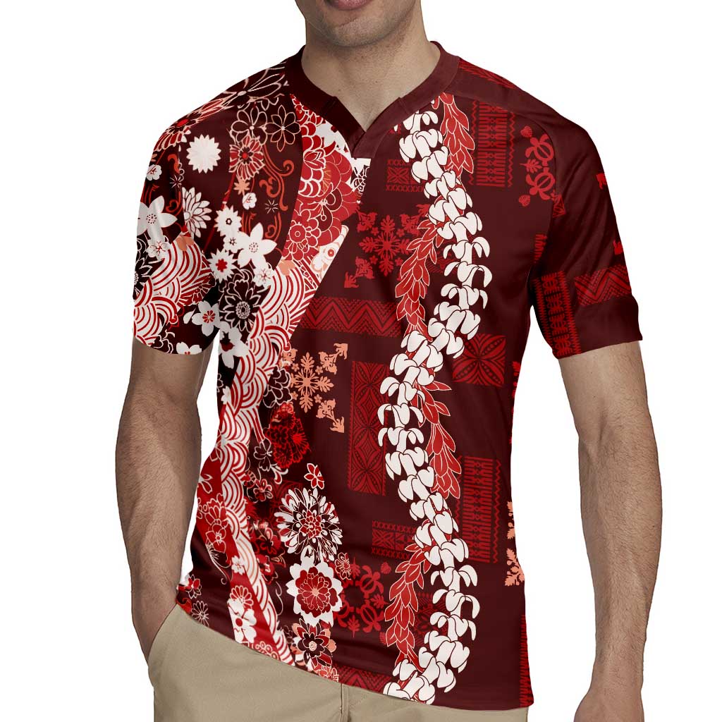 Hawaii Puakenikeni and Maile Lei Rugby Jersey Red Japanese Wave Style - Polynesian Pride