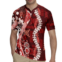 Hawaii Puakenikeni and Maile Lei Rugby Jersey Red Japanese Wave Style - Polynesian Pride