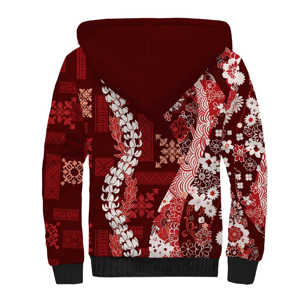 Hawaii Puakenikeni and Maile Lei Sherpa Hoodie Red Japanese Wave Style - Polynesian Pride