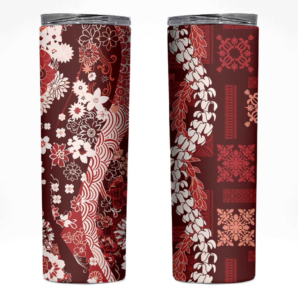 Hawaii Puakenikeni and Maile Lei Skinny Tumbler Red Japanese Wave Style - Polynesian Pride