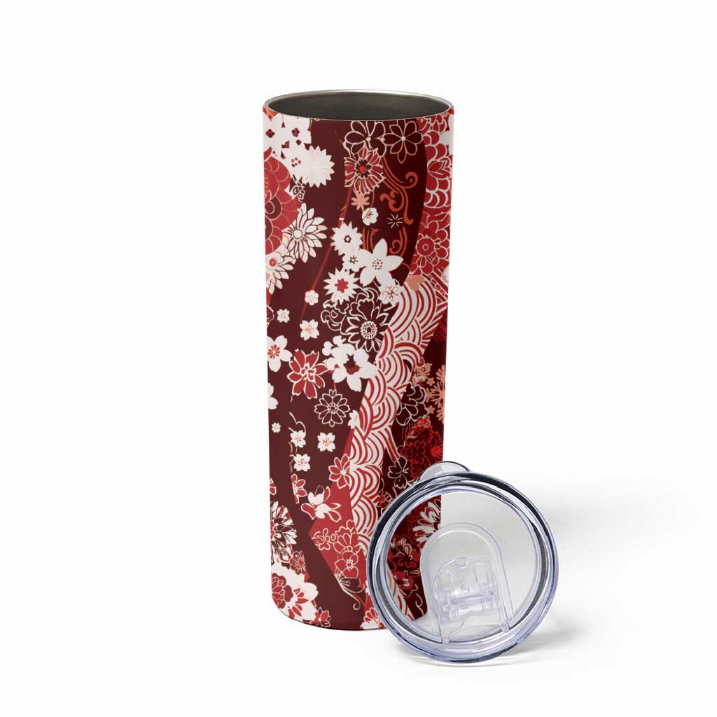 Hawaii Puakenikeni and Maile Lei Skinny Tumbler Red Japanese Wave Style - Polynesian Pride