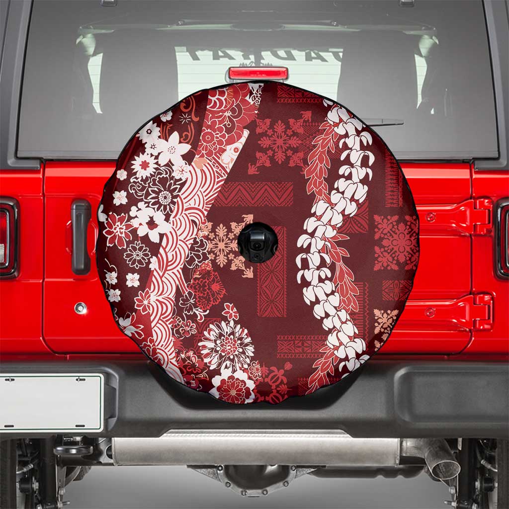 Hawaii Puakenikeni and Maile Lei Spare Tire Cover Red Japanese Wave Style - Polynesian Pride