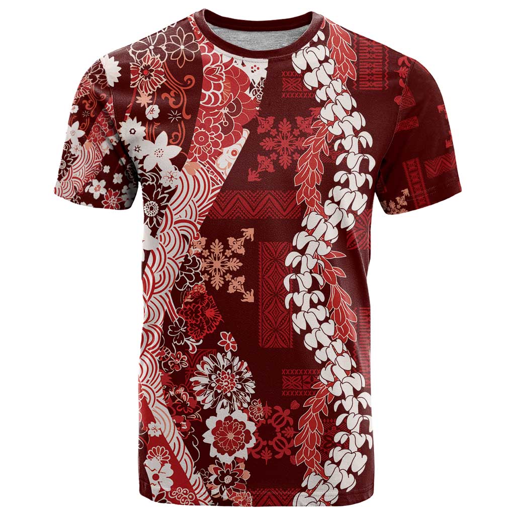 Hawaii Puakenikeni and Maile Lei T Shirt Red Japanese Wave Style - Polynesian Pride