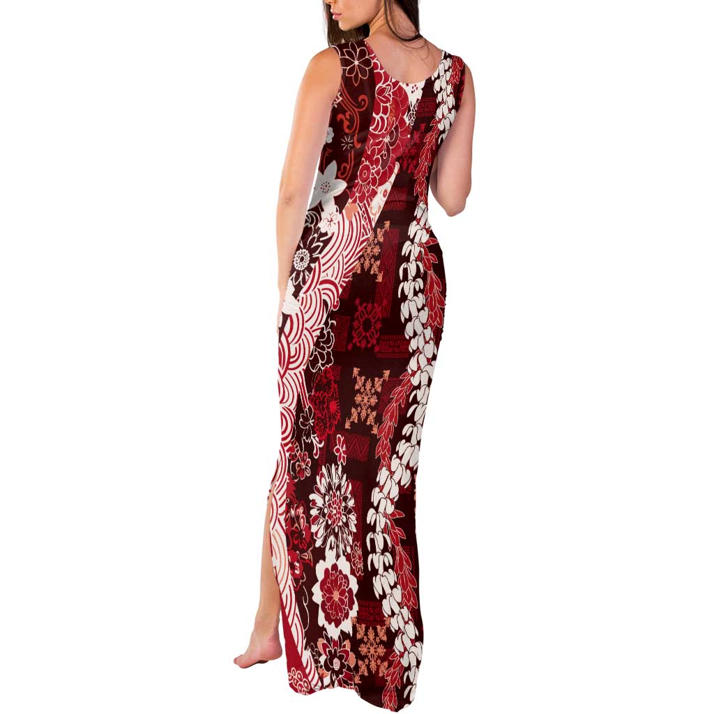 Hawaii Puakenikeni and Maile Lei Tank Maxi Dress Red Japanese Wave Style - Polynesian Pride