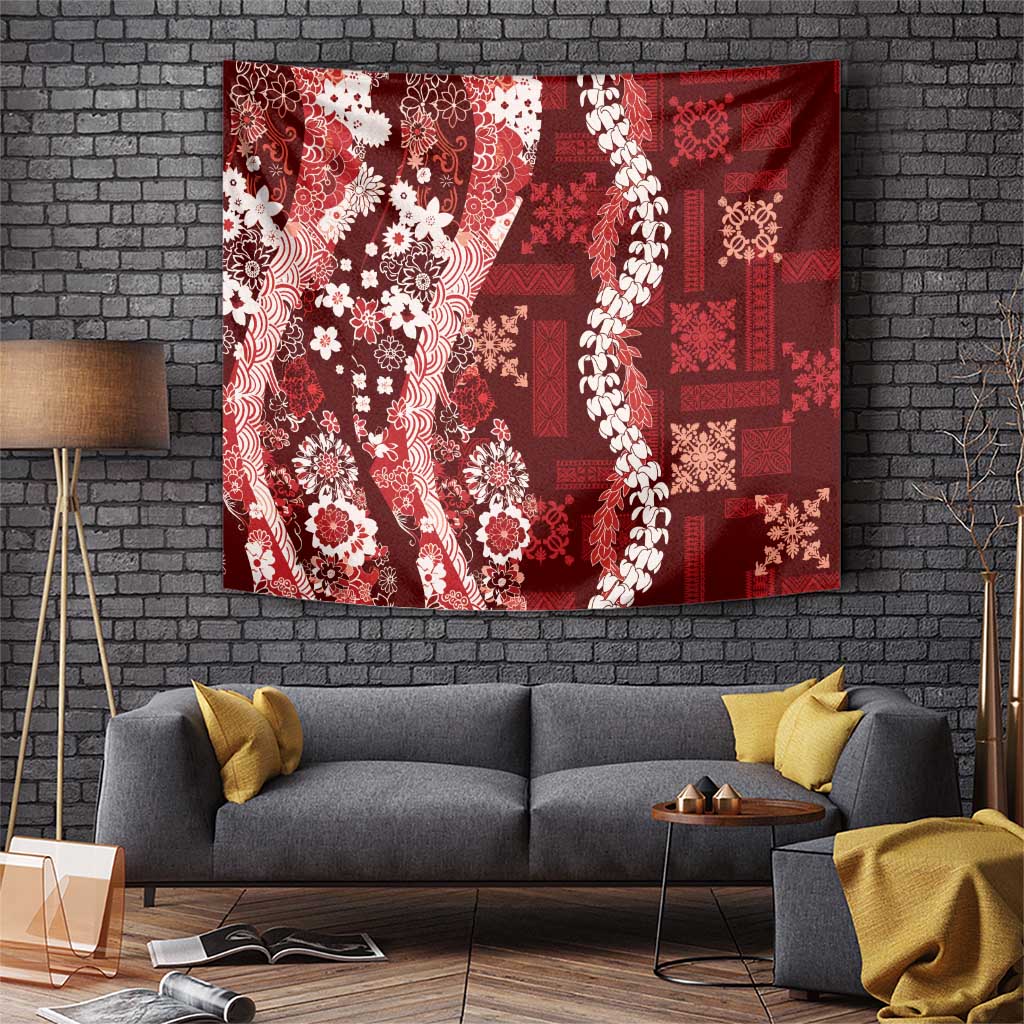 Hawaii Puakenikeni and Maile Lei Tapestry Red Japanese Wave Style - Polynesian Pride