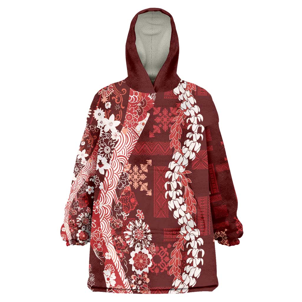 Hawaii Puakenikeni and Maile Lei Wearable Blanket Hoodie Red Japanese Wave Style - Polynesian Pride