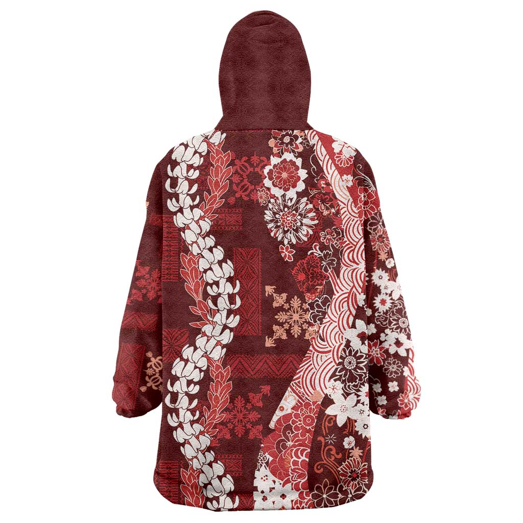 Hawaii Puakenikeni and Maile Lei Wearable Blanket Hoodie Red Japanese Wave Style - Polynesian Pride