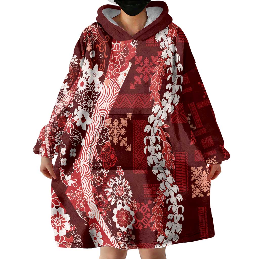 Hawaii Puakenikeni and Maile Lei Wearable Blanket Hoodie Red Japanese Wave Style - Polynesian Pride