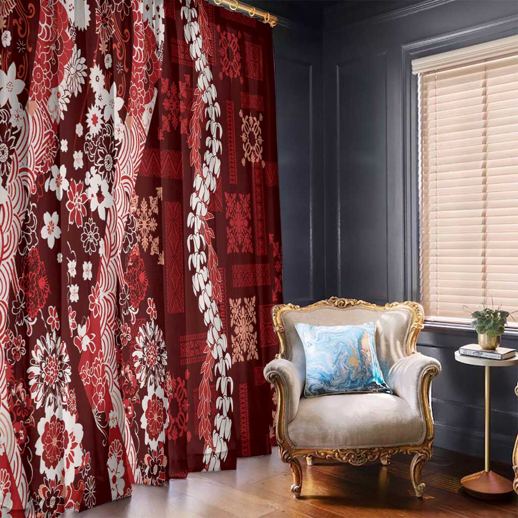 Hawaii Puakenikeni and Maile Lei Window Curtain Red Japanese Wave Style - Polynesian Pride
