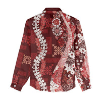 Hawaii Puakenikeni and Maile Lei Women Casual Shirt Red Japanese Wave Style - Polynesian Pride