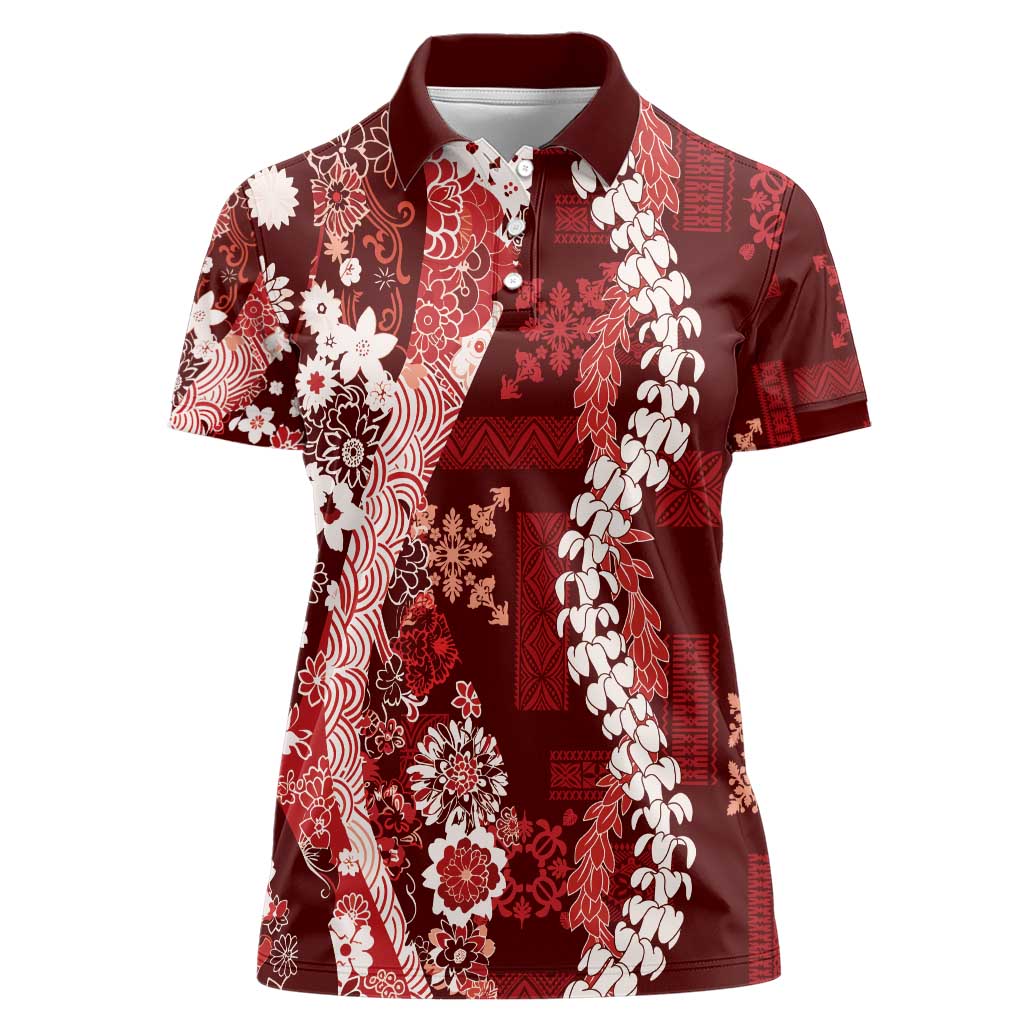 Hawaii Puakenikeni and Maile Lei Women Polo Shirt Red Japanese Wave Style - Polynesian Pride