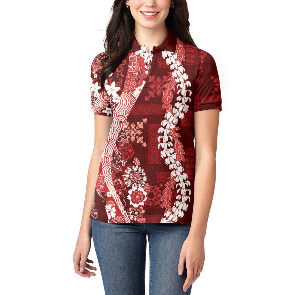 Hawaii Puakenikeni and Maile Lei Women Polo Shirt Red Japanese Wave Style - Polynesian Pride