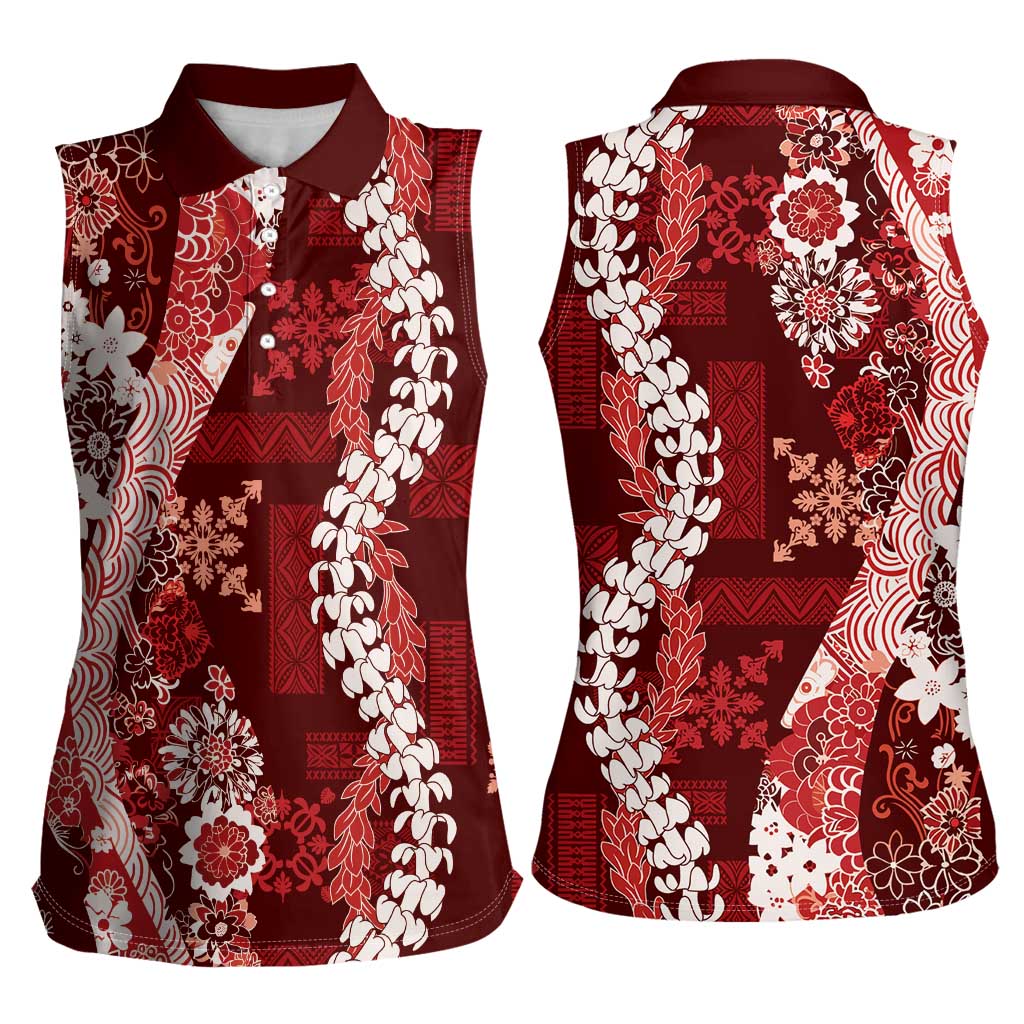 Hawaii Puakenikeni and Maile Lei Women Sleeveless Polo Shirt Red Japanese Wave Style - Polynesian Pride