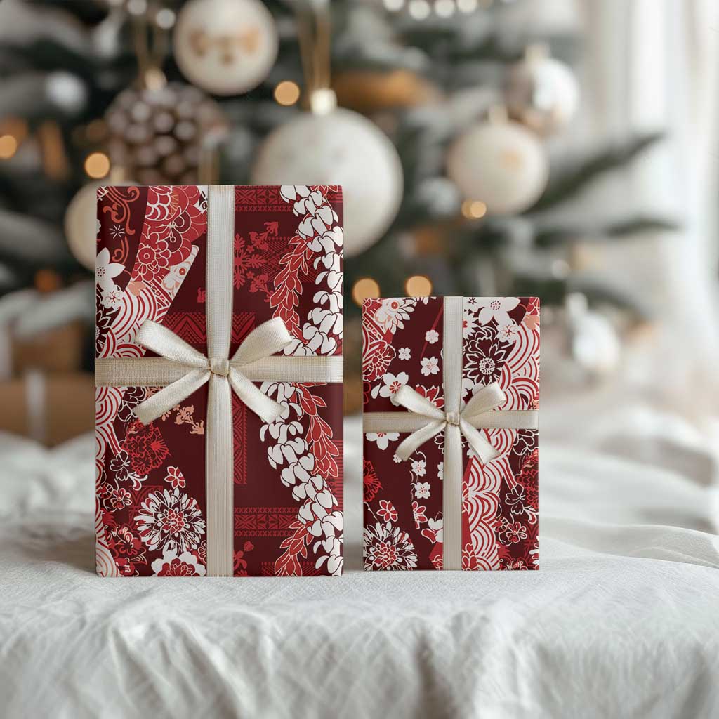 Hawaii Puakenikeni and Maile Lei Wrapping Paper Red Japanese Wave Style - Polynesian Pride